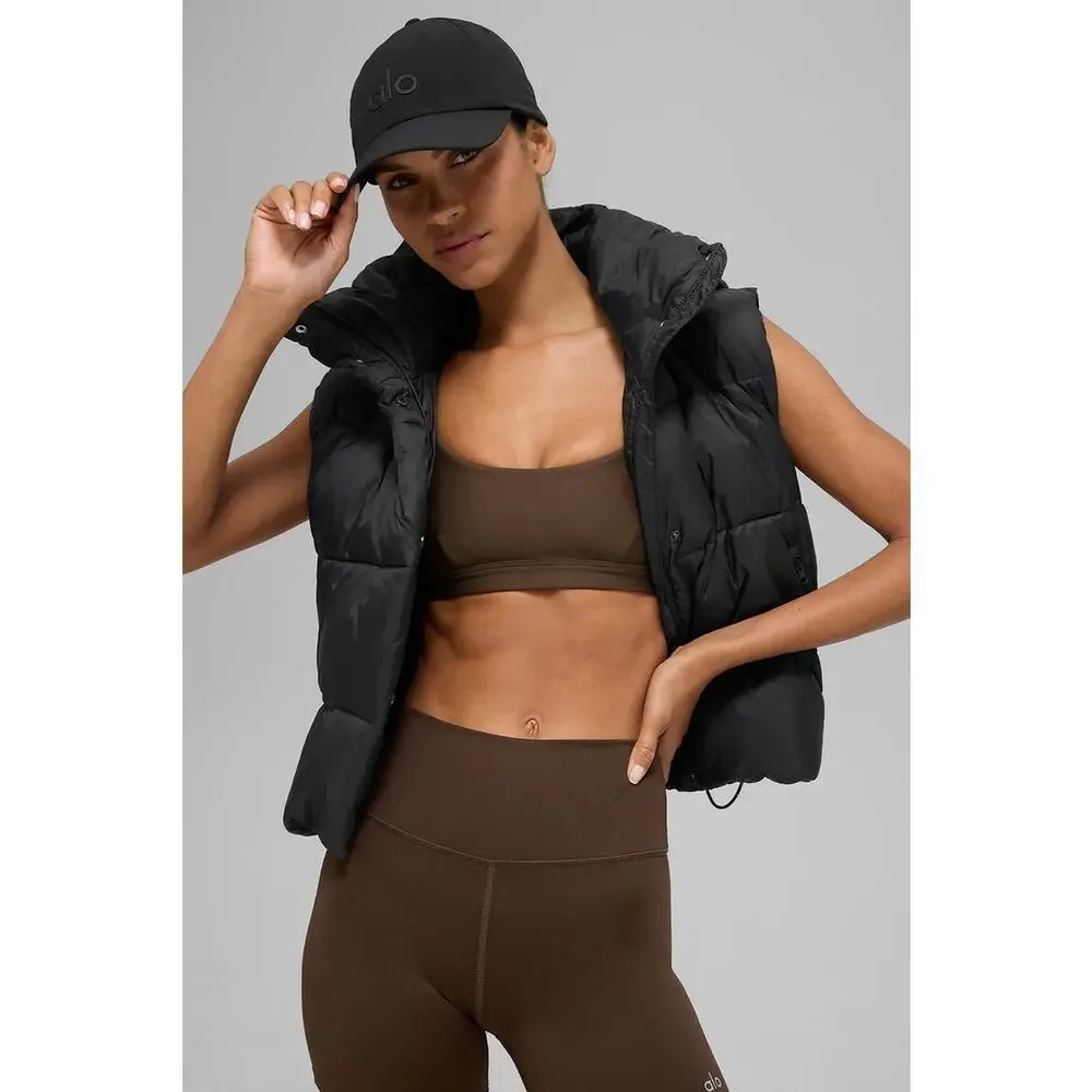 Alo Yoga Gold‎ Rush Puffer Vest Black Hooded Nylon Warm Athleisure Winter Core